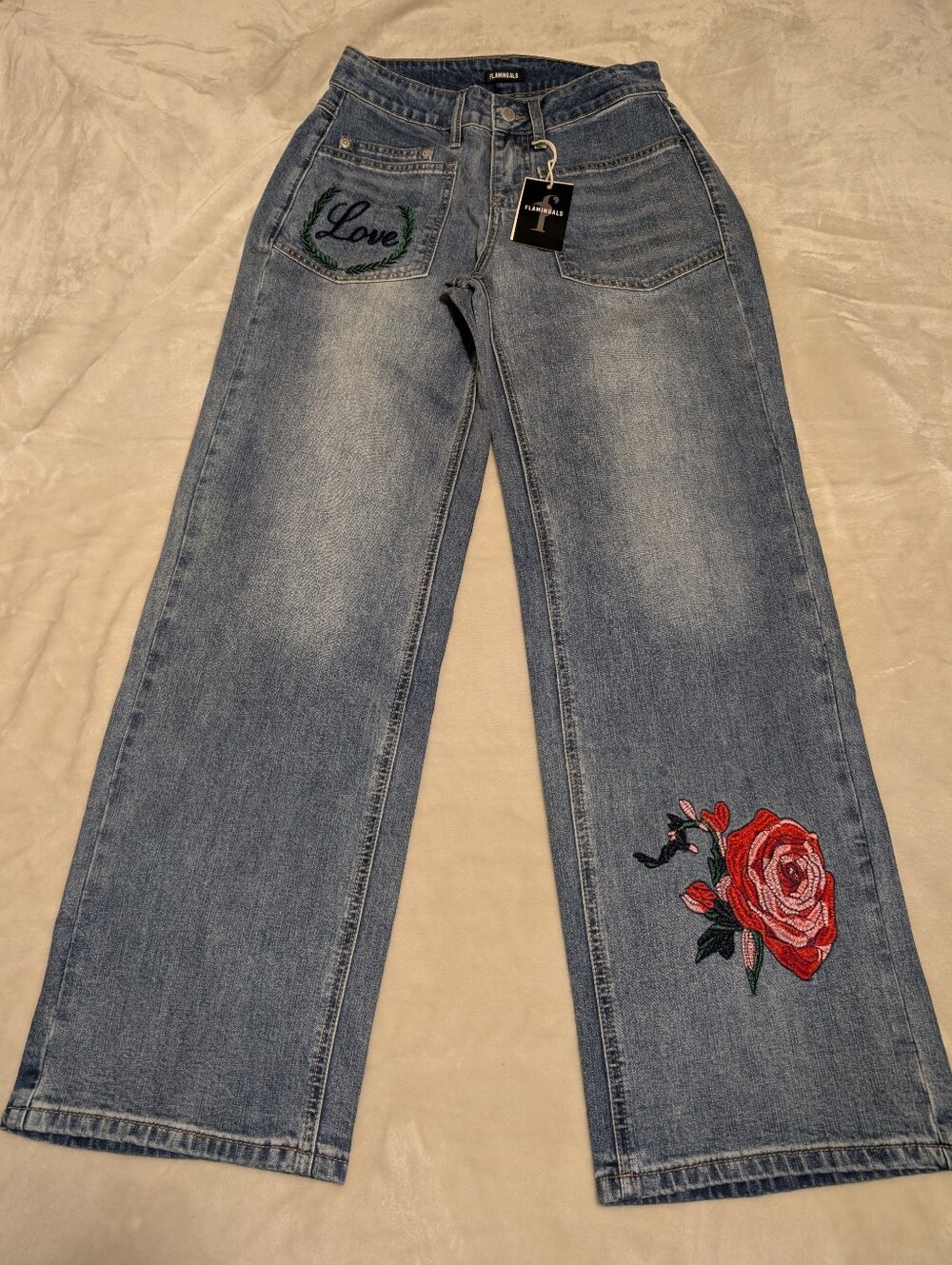Flamingals Wide Leg Embroidered Love Rose Embroidered Jeans Valentines NWT Small - Picture 5 of 13